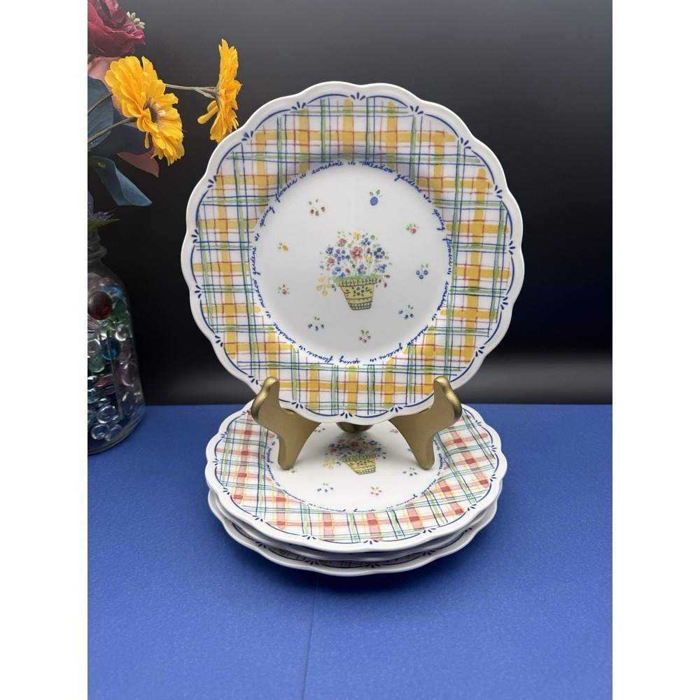 Nikko Dena's Garden Set of Four Salad Plates 8" green yellow blue Red 1998 New - Picture 3 of 17